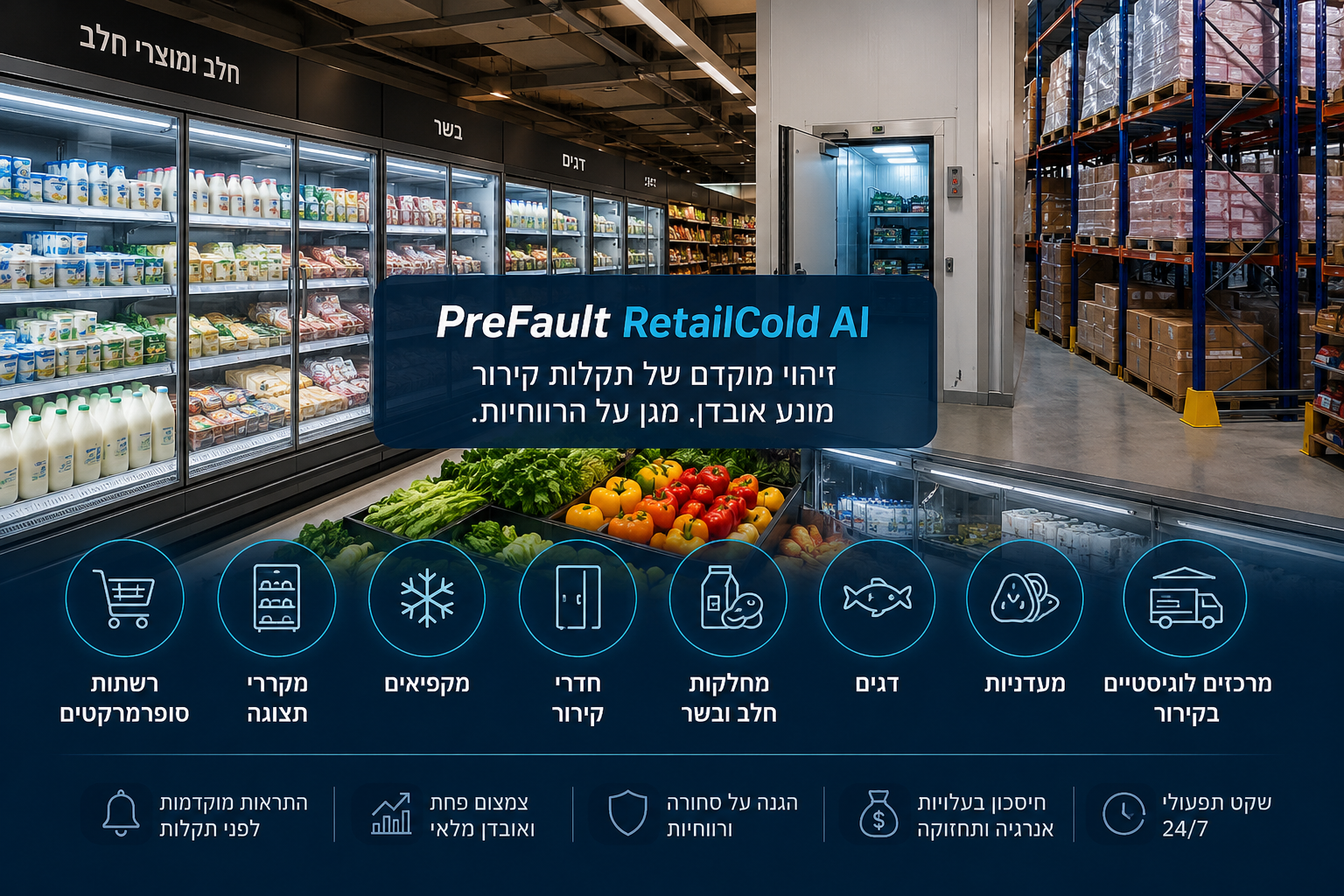 שורת מקררי תצוגה בסופרמרקט עם מוצרי מזון מקוררים, מנוטרת על ידי PreFault RetailCold™ לניבוי תקלות קירור