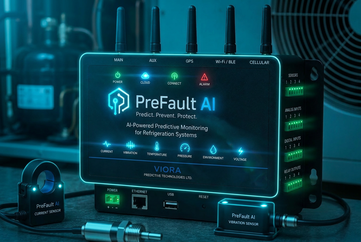 מערכת PreFault AI על מדחס תעשייתי — יחידת חיישנים חכמה המנטרת מדחסי קירור בסופרמרקטים, חדרי קירור ומקררים רפואיים לזיהוי מוקדם של תקלות