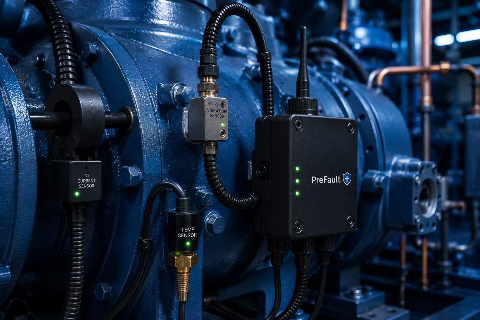 Closeup of PreFault sensors mounted on compressor